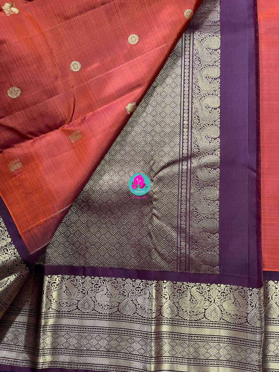 Pure Kanchipattu saree in vintage rust orange and brown border with hand embroidered blouse