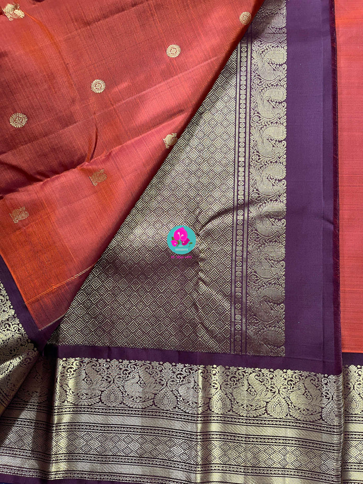 Pure Kanchipattu saree in vintage rust orange and brown border with hand embroidered blouse