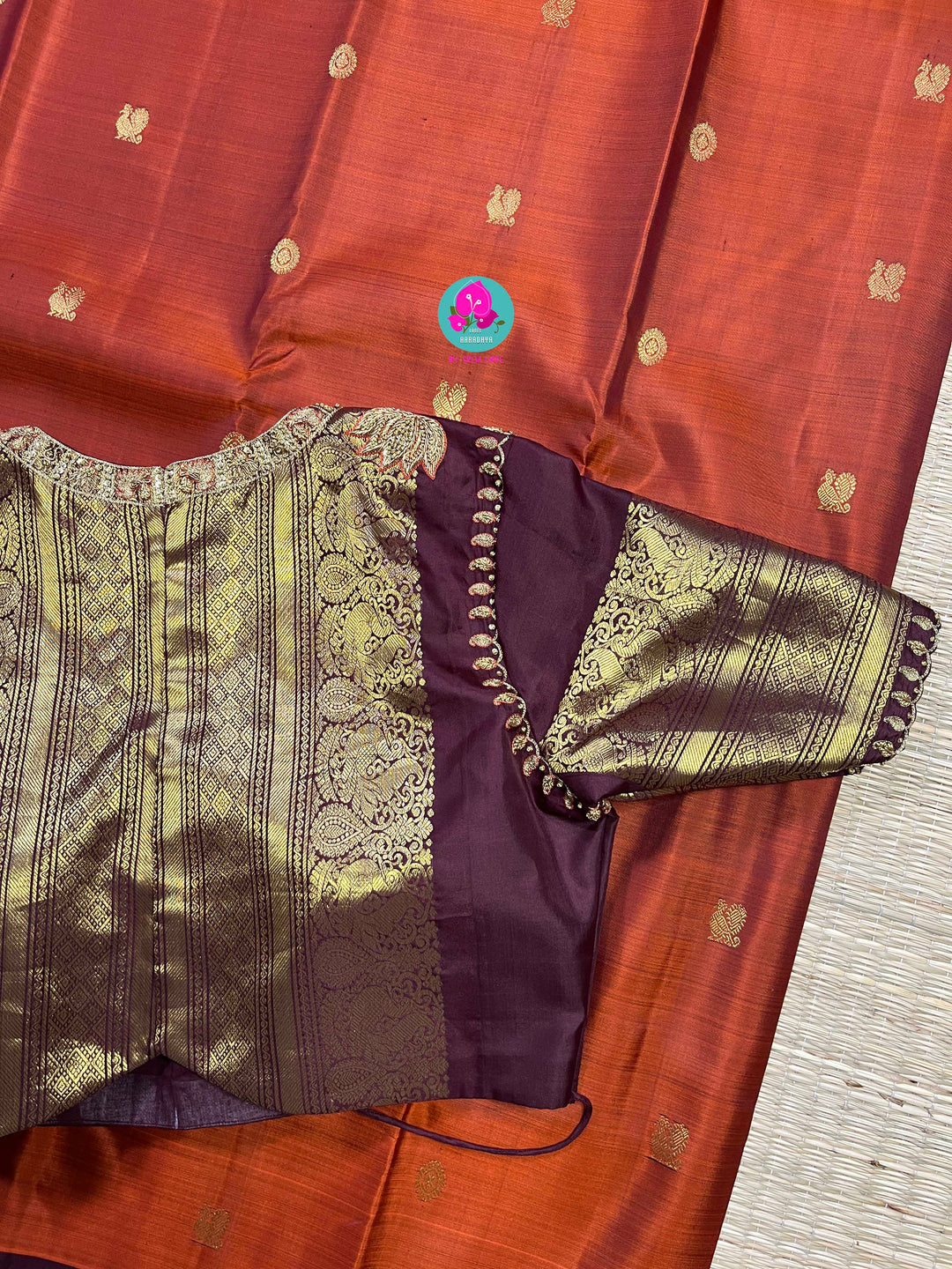 Pure Kanchipattu saree in vintage rust orange and brown border with hand embroidered blouse