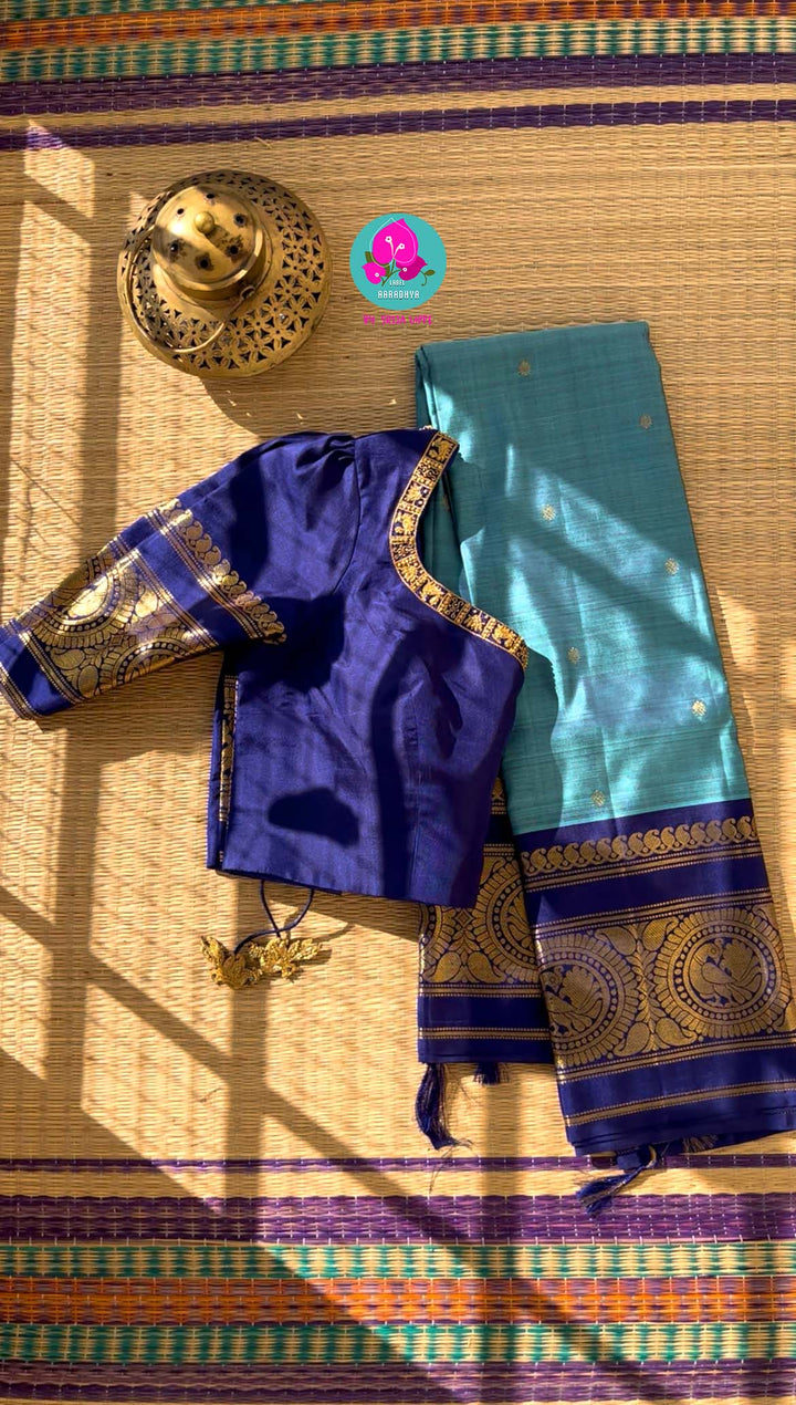 Azure Symphony: Pastel & Royal Blue 2G Zari Kanchipattu Saree with Hand-Embroidered Blouse