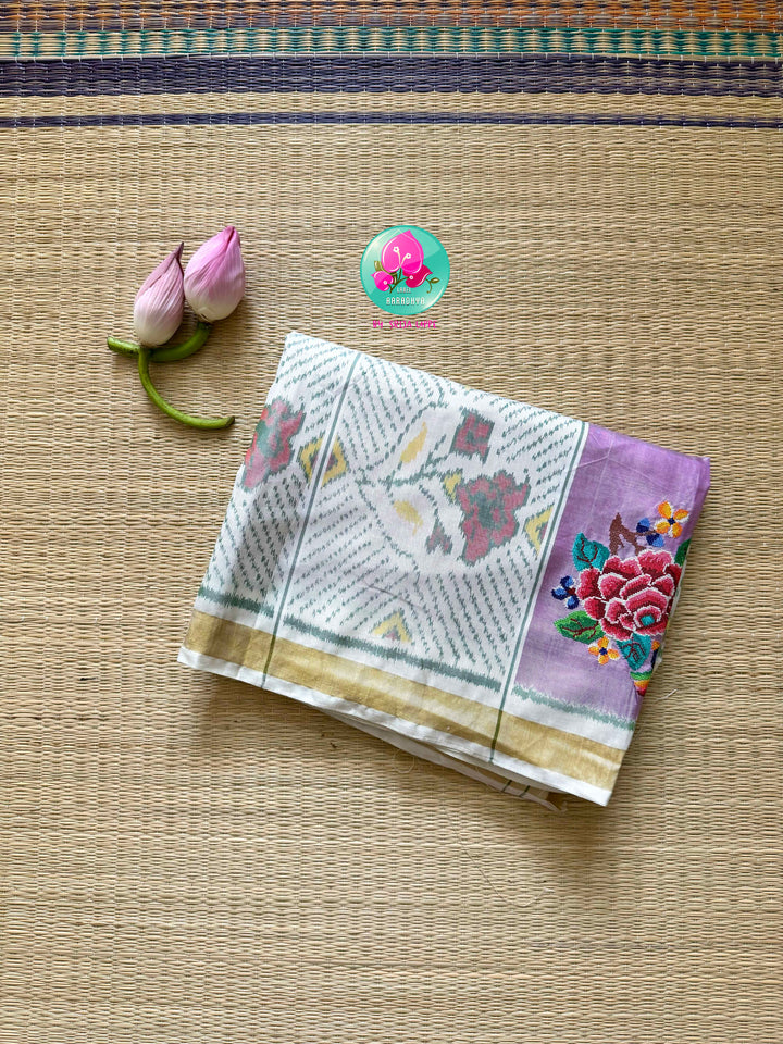 The Peony Whisper: Lilac Rajkot Patola in 5-Ply Silk Saree with Petit Point Artistry