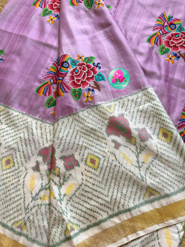 The Peony Whisper: Lilac Rajkot Patola in 5-Ply Silk Saree with Petit Point Artistry