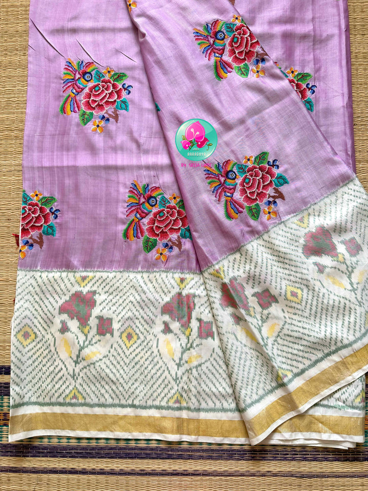 The Peony Whisper: Lilac Rajkot Patola in 5-Ply Silk Saree with Petit Point Artistry
