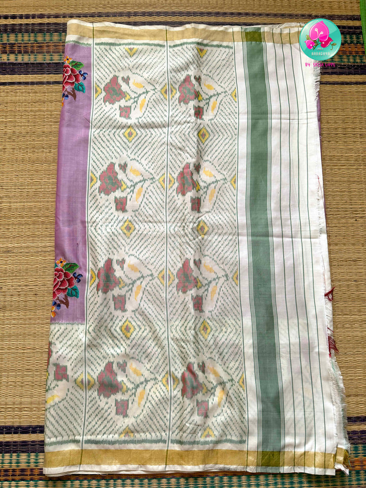 The Peony Whisper: Lilac Rajkot Patola in 5-Ply Silk Saree with Petit Point Artistry