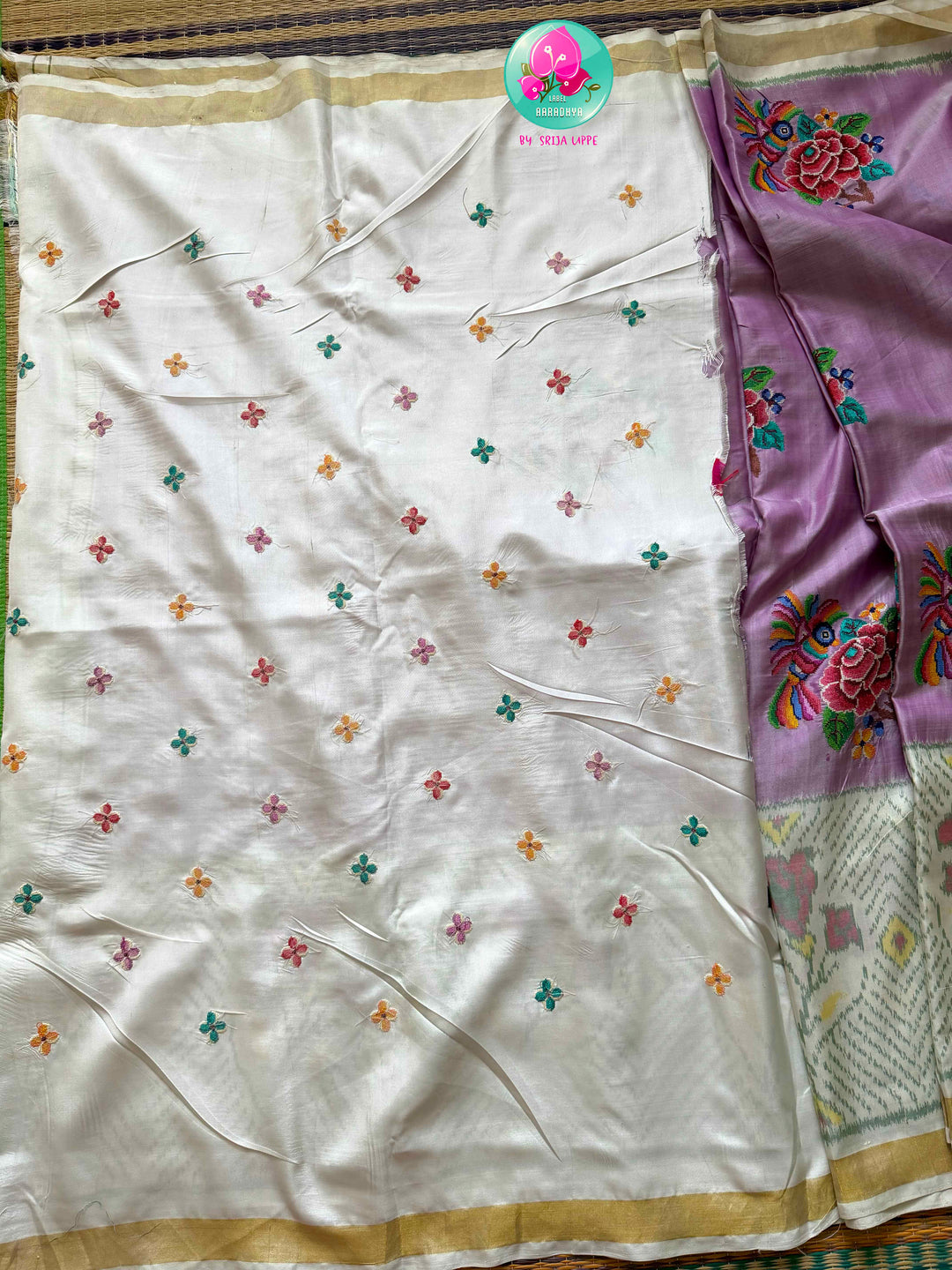 The Peony Whisper: Lilac Rajkot Patola in 5-Ply Silk Saree with Petit Point Artistry