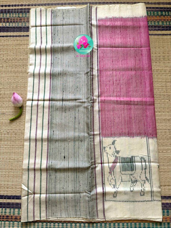 The Sacred Pasture: Pure Raw Mulberry Silk Saree with Pichwai & Nandini Artistry