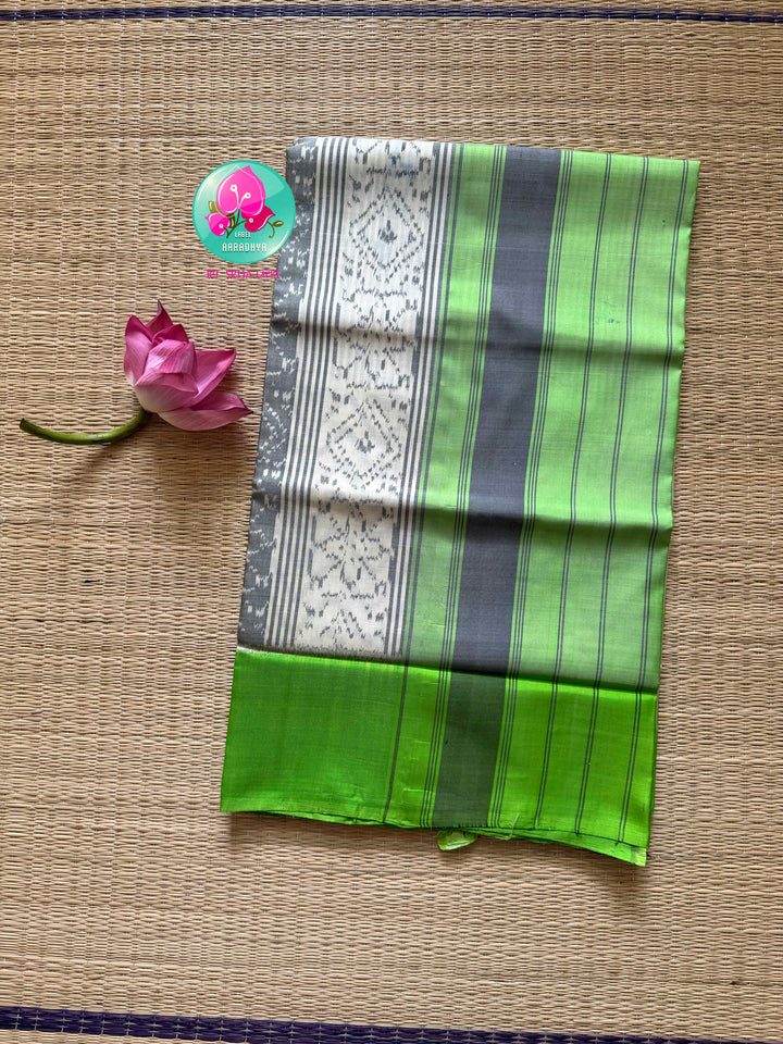 The Morning Mist: Contemporary Rajkot Pure Patola Saree in 5-Ply Cream & Light Green