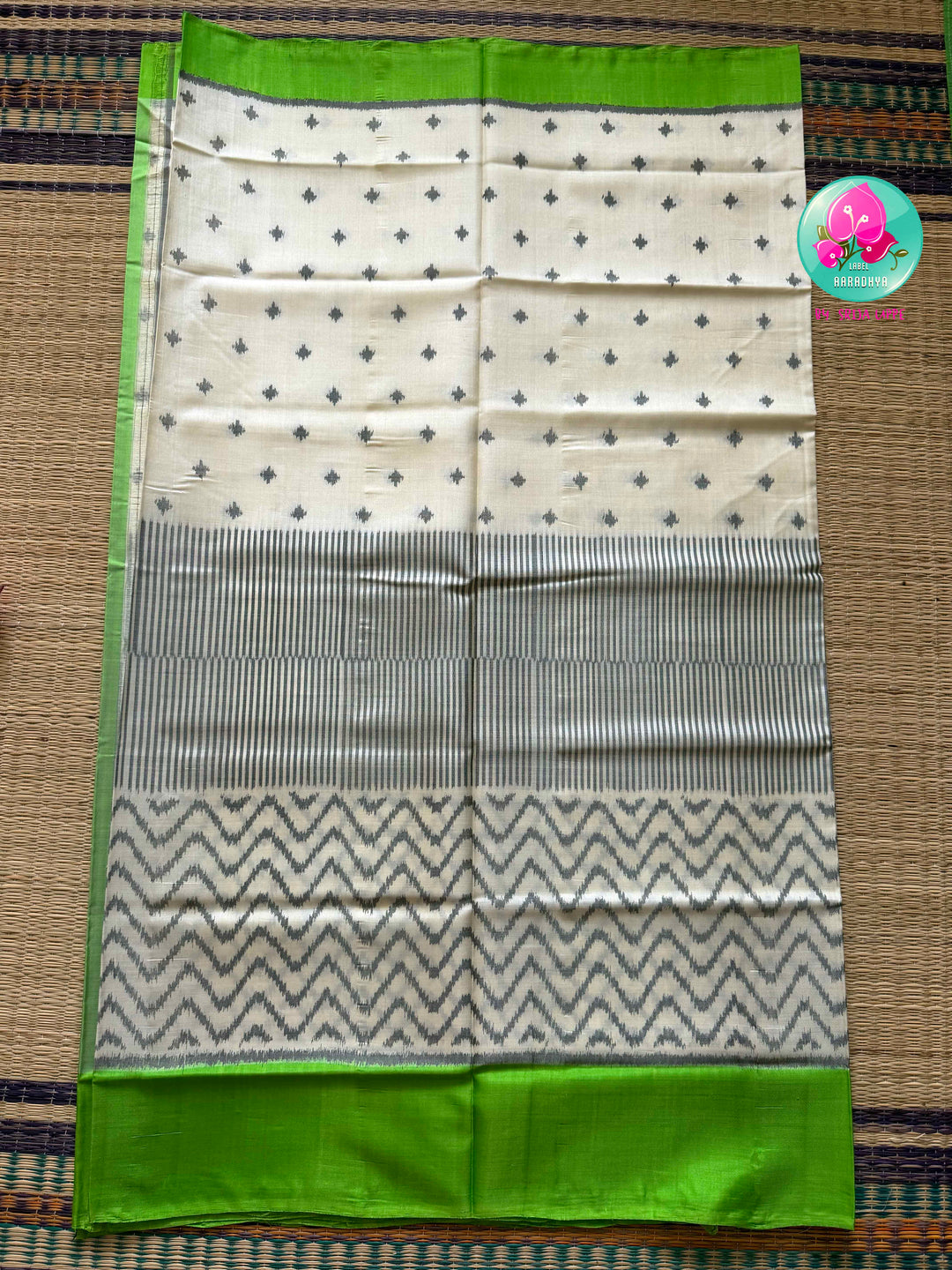 The Morning Mist: Contemporary Rajkot Pure Patola Saree in 5-Ply Cream & Light Green