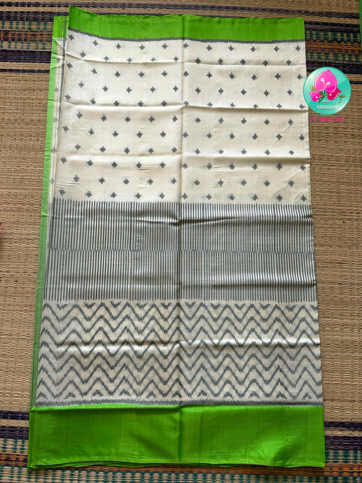 The Morning Mist: Contemporary Rajkot Pure Patola Saree in 5-Ply Cream & Light Green