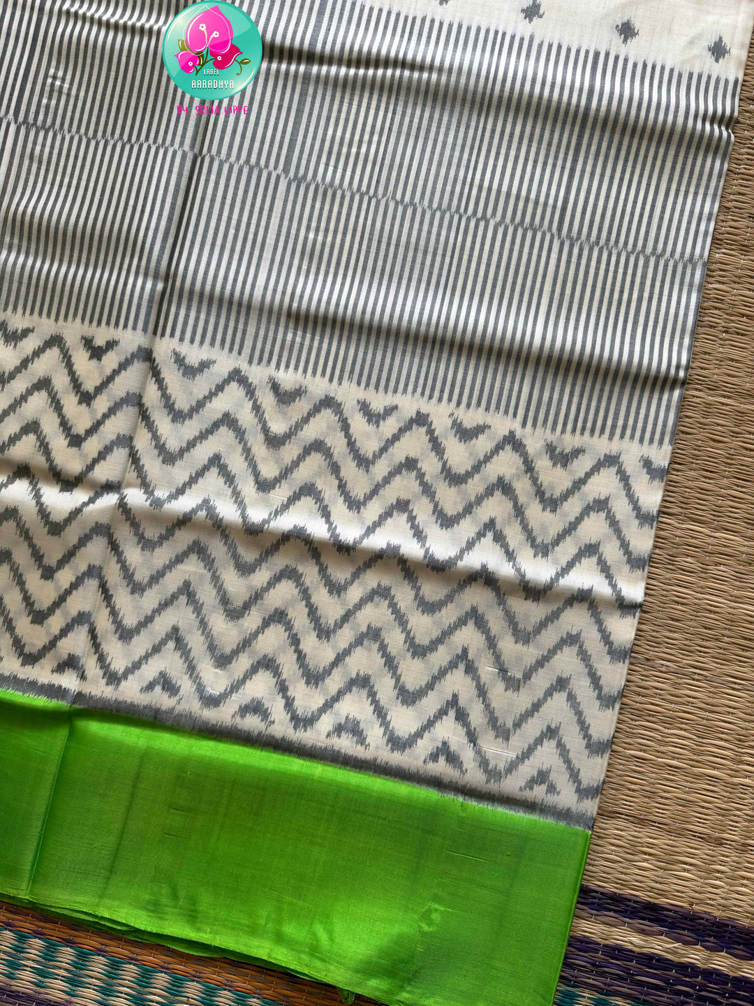 The Morning Mist: Contemporary Rajkot Pure Patola Saree in 5-Ply Cream & Light Green