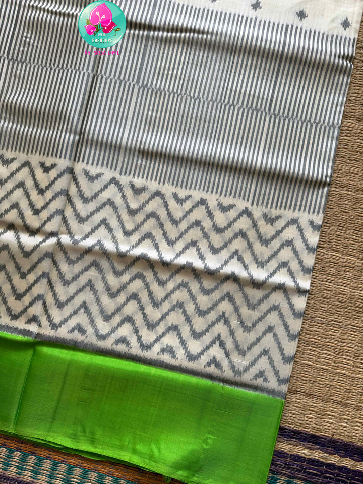 The Morning Mist: Contemporary Rajkot Pure Patola Saree in 5-Ply Cream & Light Green