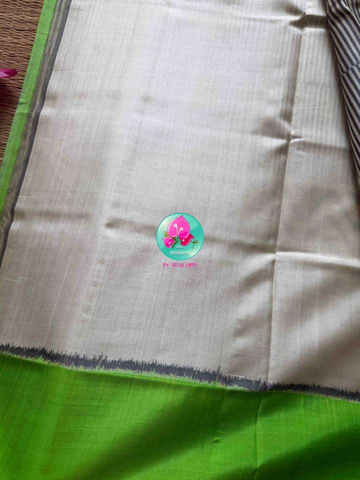The Morning Mist: Contemporary Rajkot Pure Patola Saree in 5-Ply Cream & Light Green