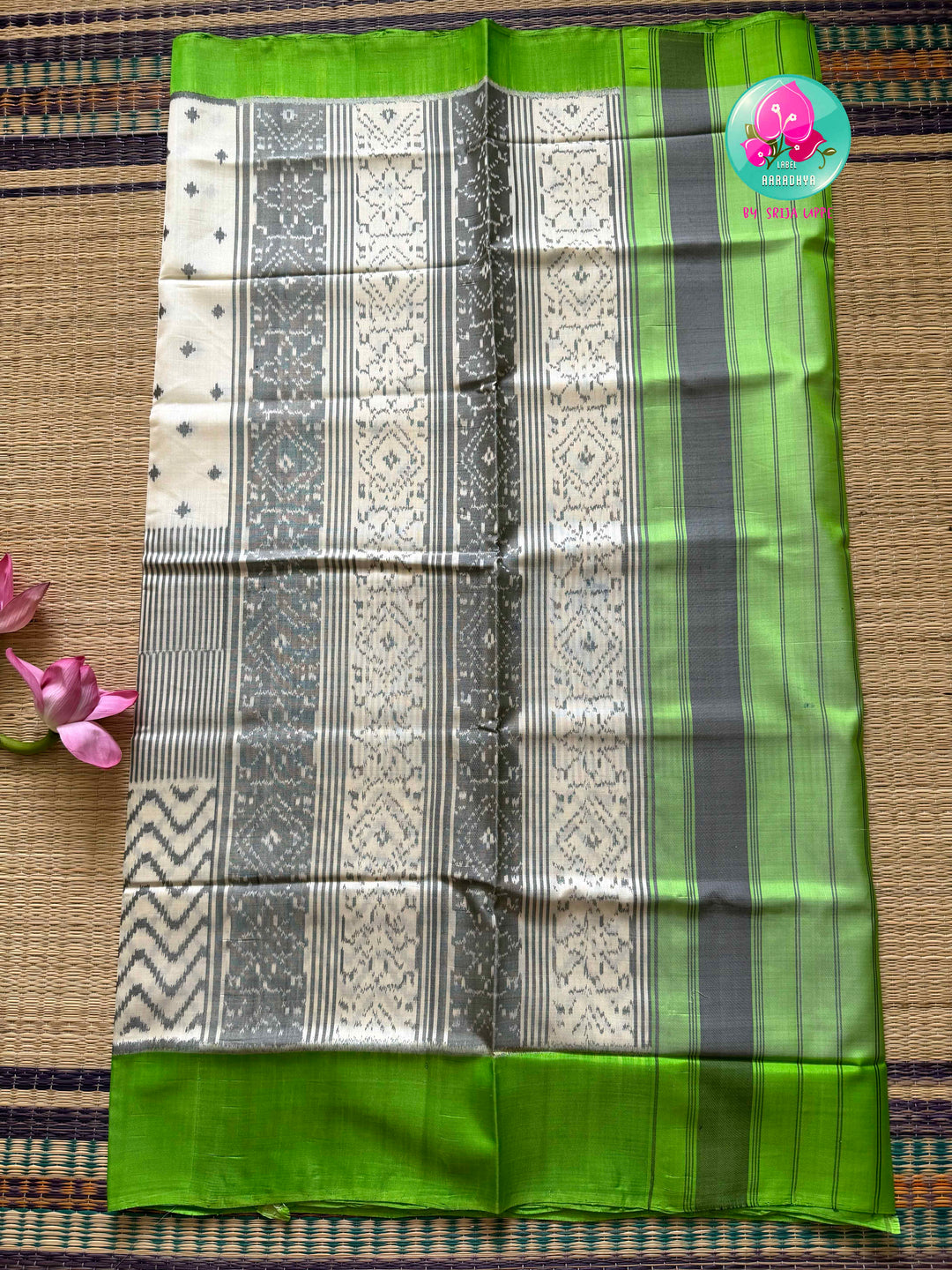 The Morning Mist: Contemporary Rajkot Pure Patola Saree in 5-Ply Cream & Light Green