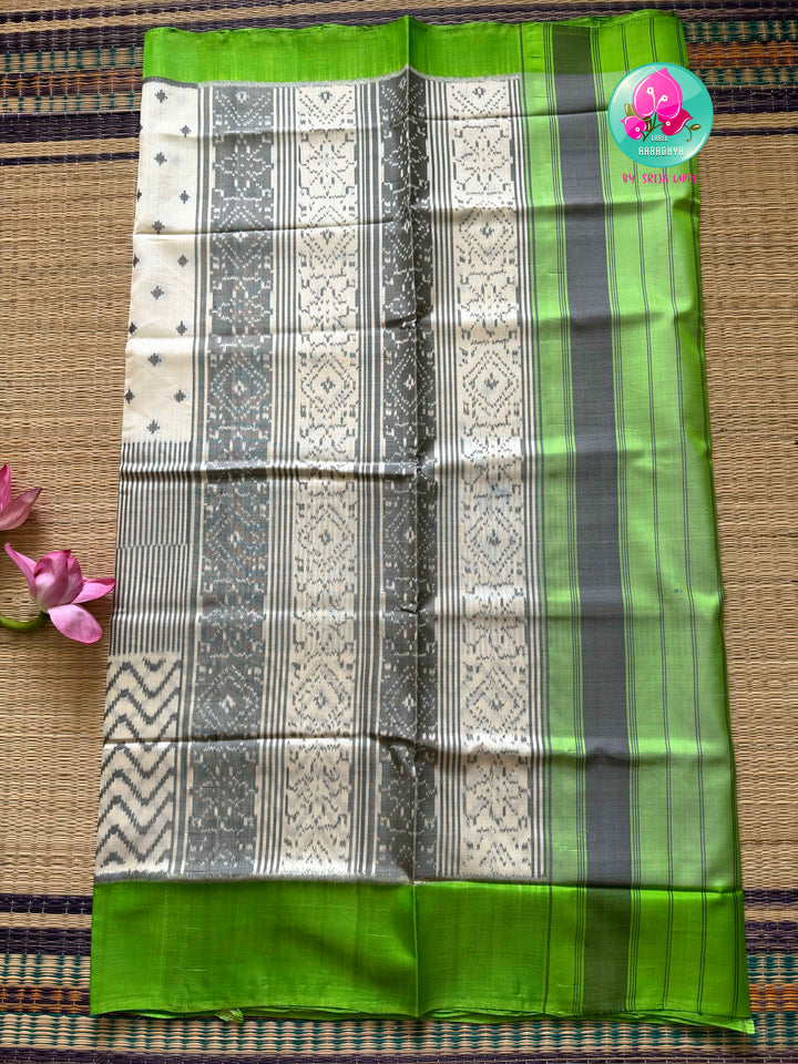 The Morning Mist: Contemporary Rajkot Pure Patola Saree in 5-Ply Cream & Light Green