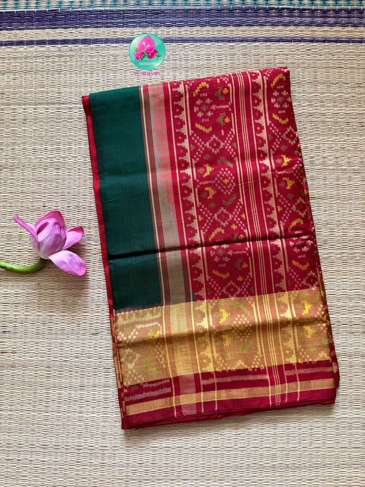 The Emerald Gaala: Bottle Green Rajkot Patola Saree in 5-Ply Mulberry Silk