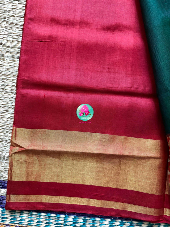 The Emerald Gaala: Bottle Green Rajkot Patola Saree in 5-Ply Mulberry Silk