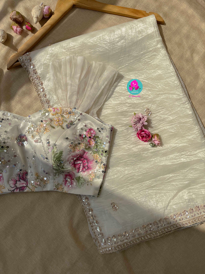 Soft crush organza saree with hand embroidery and Embellished floral blouse