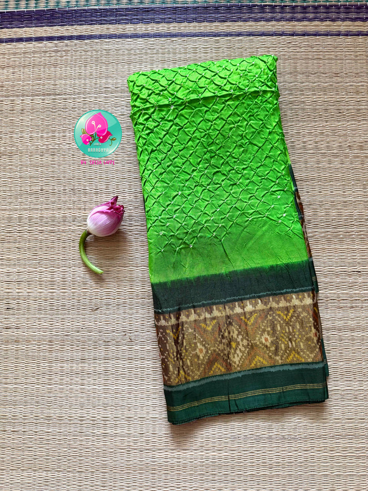 The Verdant Orchard: Apple Green Bandhani & Rajkot Patola Fusion Saree in 5-ply Mulberry Silk