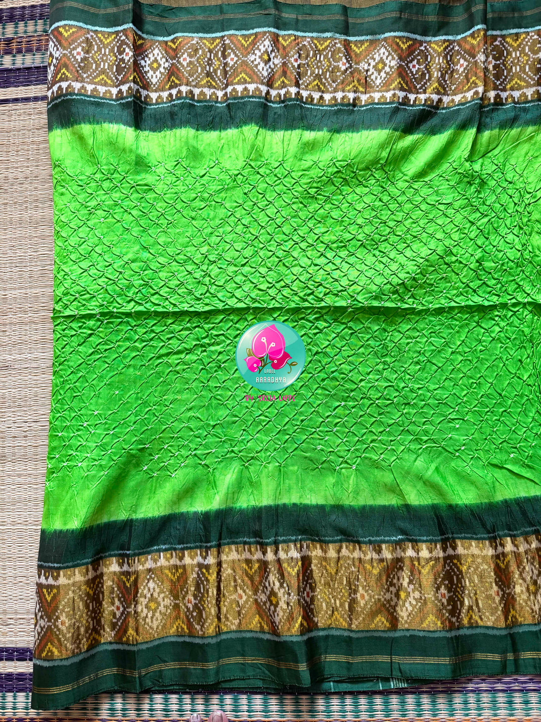 The Verdant Orchard: Apple Green Bandhani & Rajkot Patola Fusion Saree in 5-ply Mulberry Silk