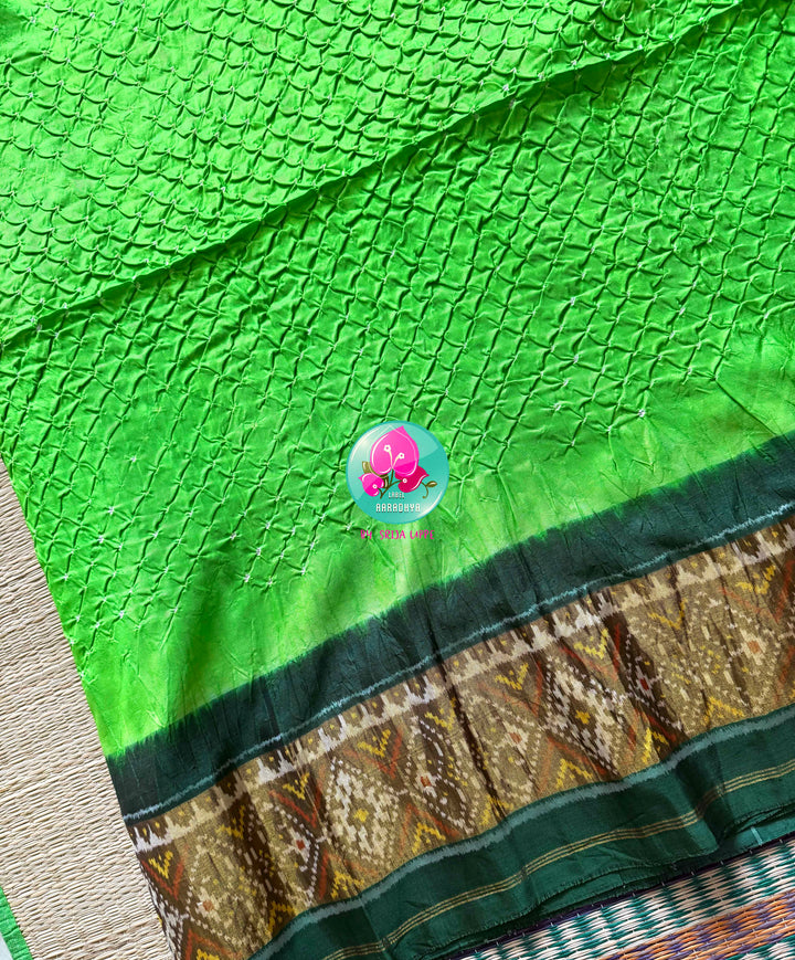 The Verdant Orchard: Apple Green Bandhani & Rajkot Patola Fusion Saree in 5-ply Mulberry Silk
