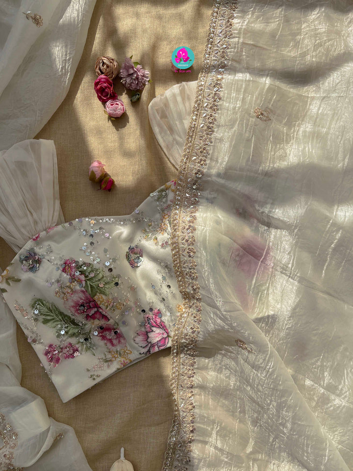 Soft crush organza saree with hand embroidery and Embellished floral blouse