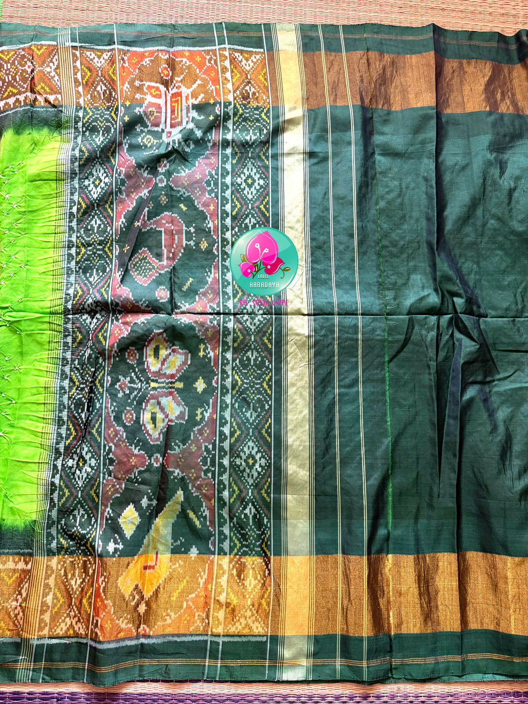 The Verdant Orchard: Apple Green Bandhani & Rajkot Patola Fusion Saree in 5-ply Mulberry Silk