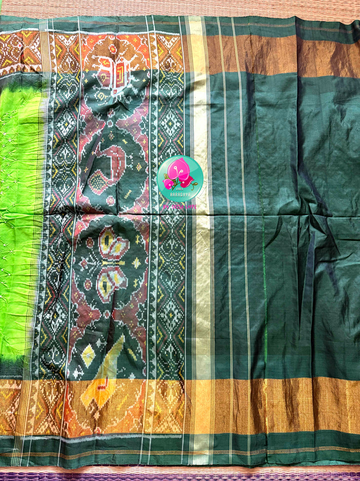 The Verdant Orchard: Apple Green Bandhani & Rajkot Patola Fusion Saree in 5-ply Mulberry Silk
