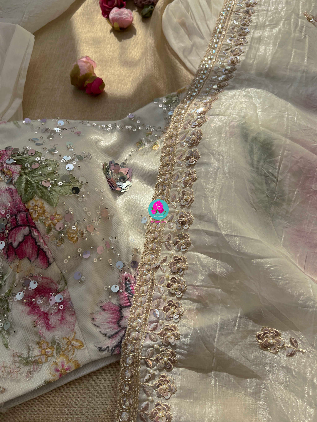 Soft crush organza saree with hand embroidery and Embellished floral blouse