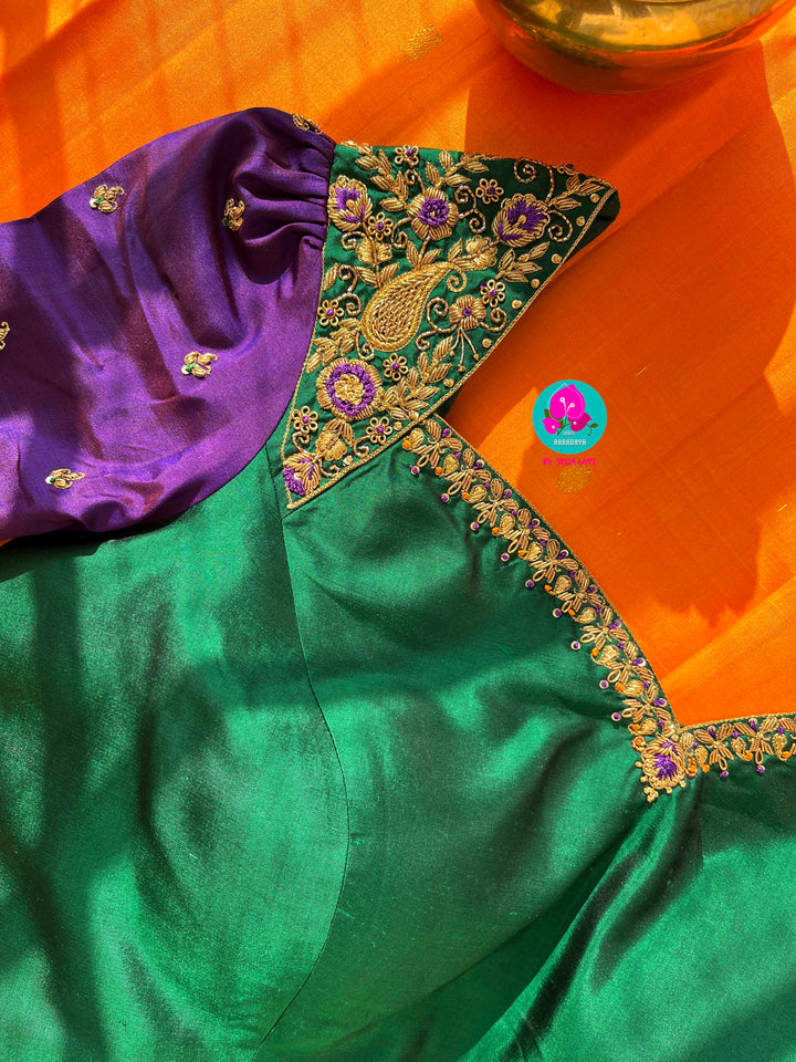 Pure Kanchipattu handloom saree in traditional peacock motifs paired with hand embroidered blouse