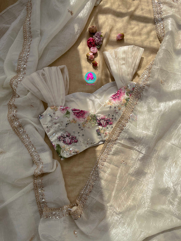 Soft crush organza saree with hand embroidery and Embellished floral blouse