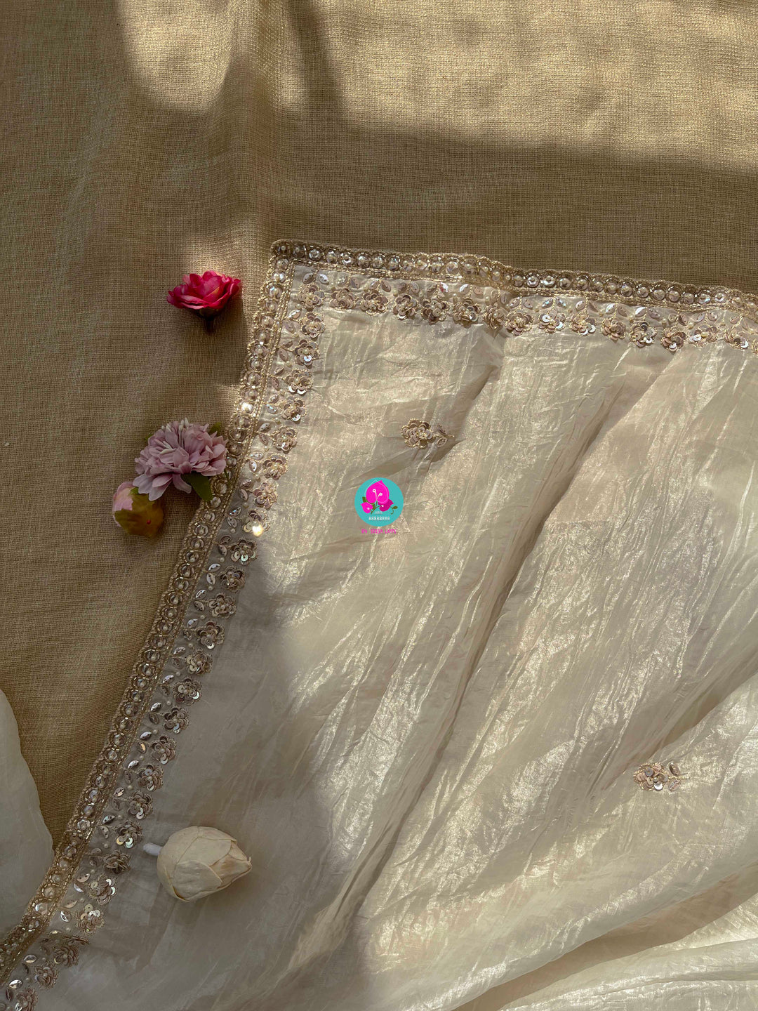 Soft crush organza saree with hand embroidery and Embellished floral blouse