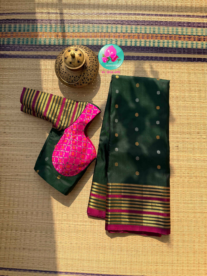 The Emerald Heritage: Pure Handloom Gadwal Saree in Bottle Green with Bandhani Fusion