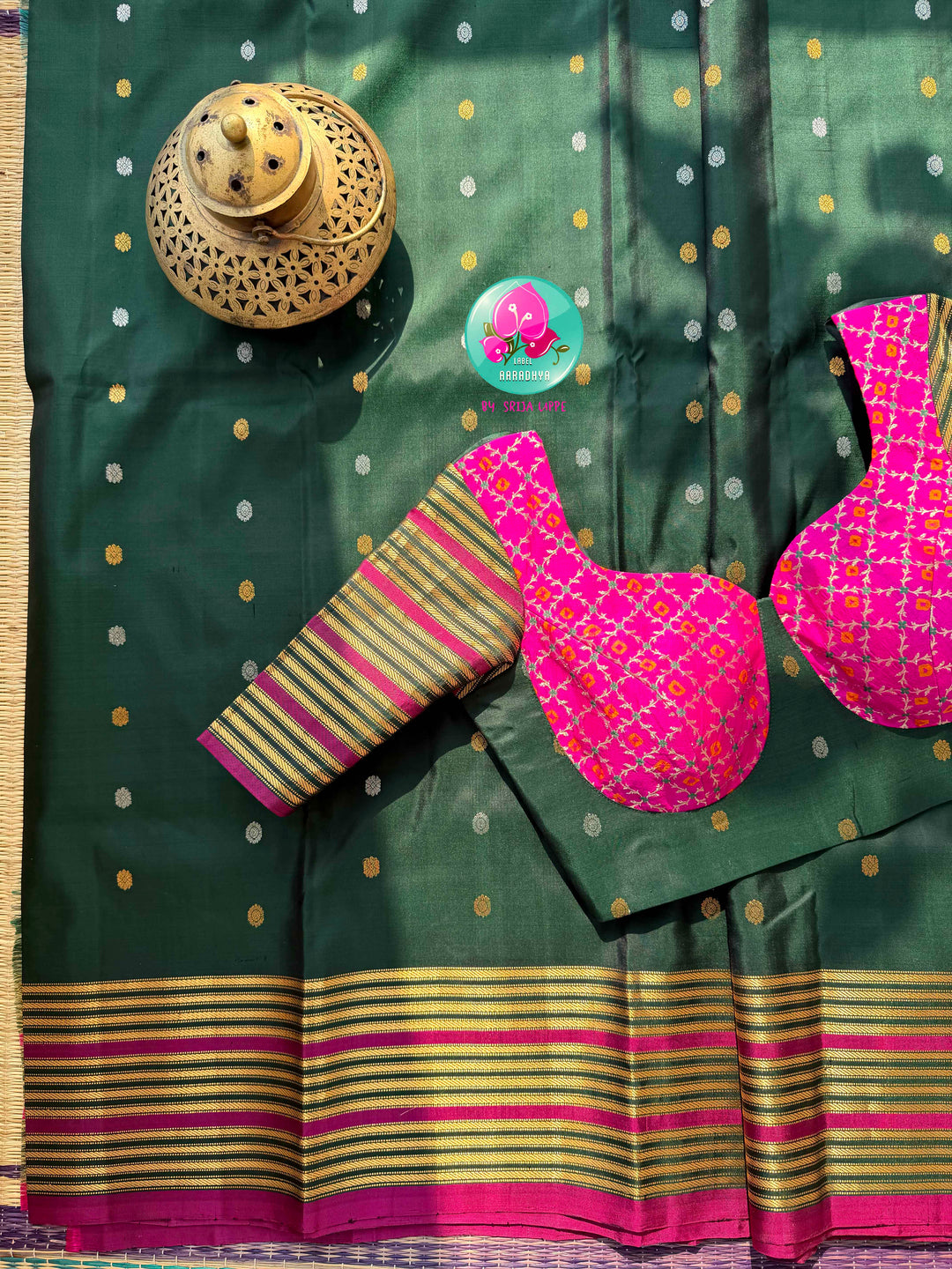 The Emerald Heritage: Pure Handloom Gadwal Saree in Bottle Green with Bandhani Fusion