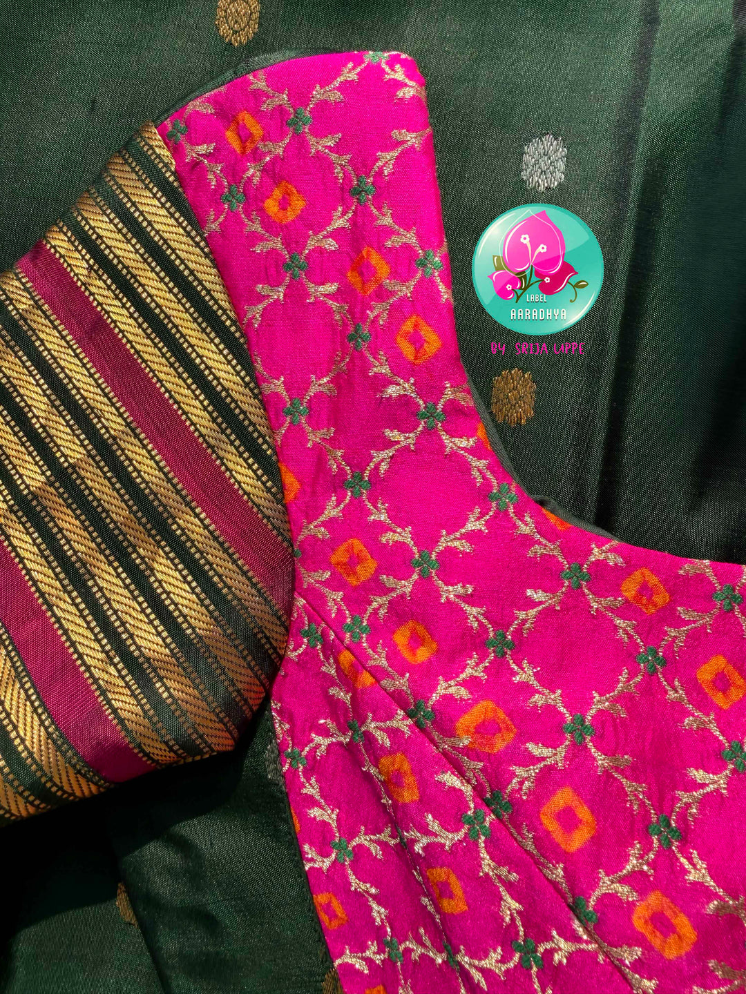 The Emerald Heritage: Pure Handloom Gadwal Saree in Bottle Green with Bandhani Fusion