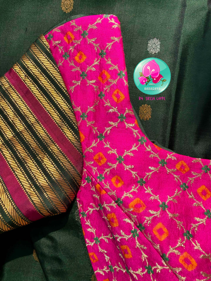 The Emerald Heritage: Pure Handloom Gadwal Saree in Bottle Green with Bandhani Fusion