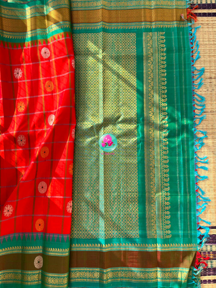 The Crimson Sunrise: Pure Gadwal Handloom Elegance
