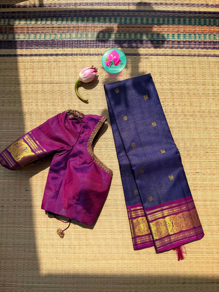 Navy Blue Kanjivaram Vaira Oosi Saree with Bold Magenta Contrast and Embroidered Blouse