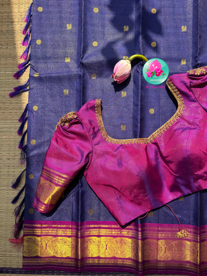 Navy Blue Kanjivaram Vaira Oosi Saree with Bold Magenta Contrast and Embroidered Blouse