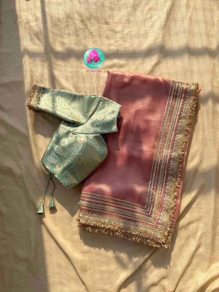 The Rose Quartz Radiance: Light Pink Gold Tissue Organza Saree with Sea Green Brocade blouse