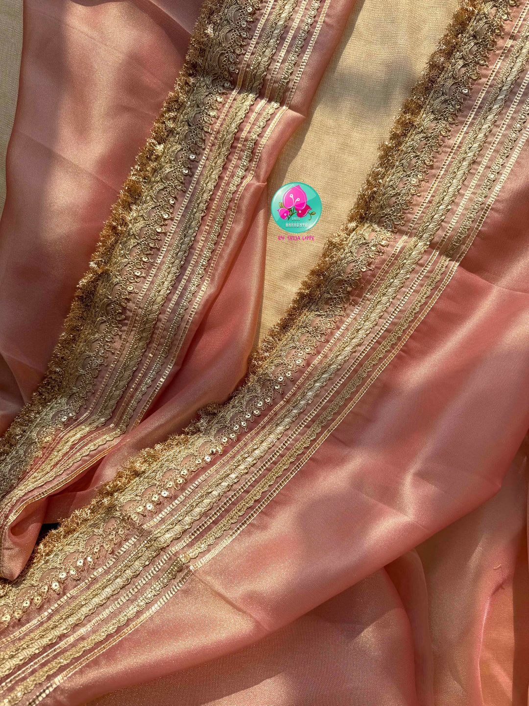 The Rose Quartz Radiance: Light Pink Gold Tissue Organza Saree with Sea Green Brocade blouse