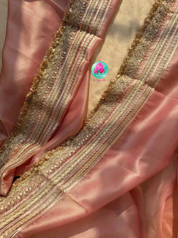 The Rose Quartz Radiance: Light Pink Gold Tissue Organza Saree with Sea Green Brocade blouse