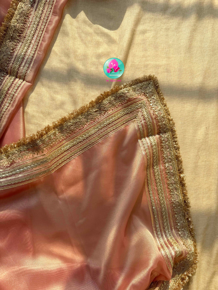 The Rose Quartz Radiance: Light Pink Gold Tissue Organza Saree with Sea Green Brocade blouse