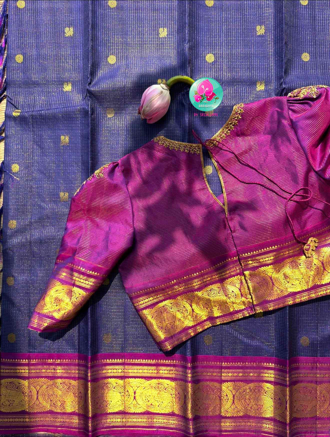 Navy Blue Kanjivaram Vaira Oosi Saree with Bold Magenta Contrast and Embroidered Blouse