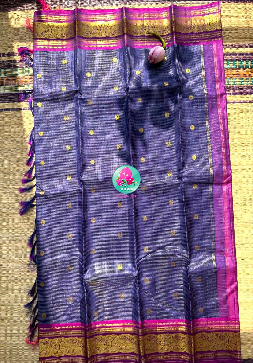 Navy Blue Kanjivaram Vaira Oosi Saree with Bold Magenta Contrast and Embroidered Blouse