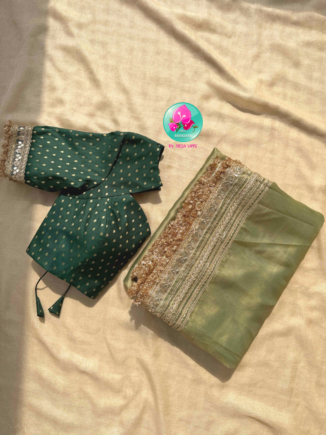 The Minted Glimmer: Light Green Gold Tissue Organza Saree with Bottle Green Brocade Artistry