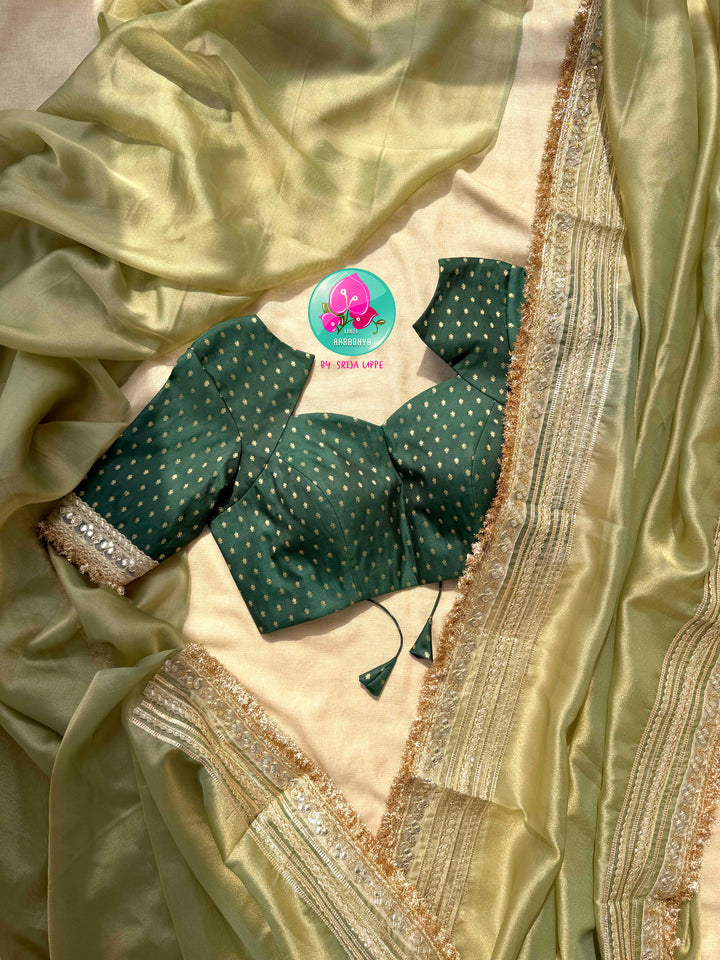 The Minted Glimmer: Light Green Gold Tissue Organza Saree with Bottle Green Brocade Artistry