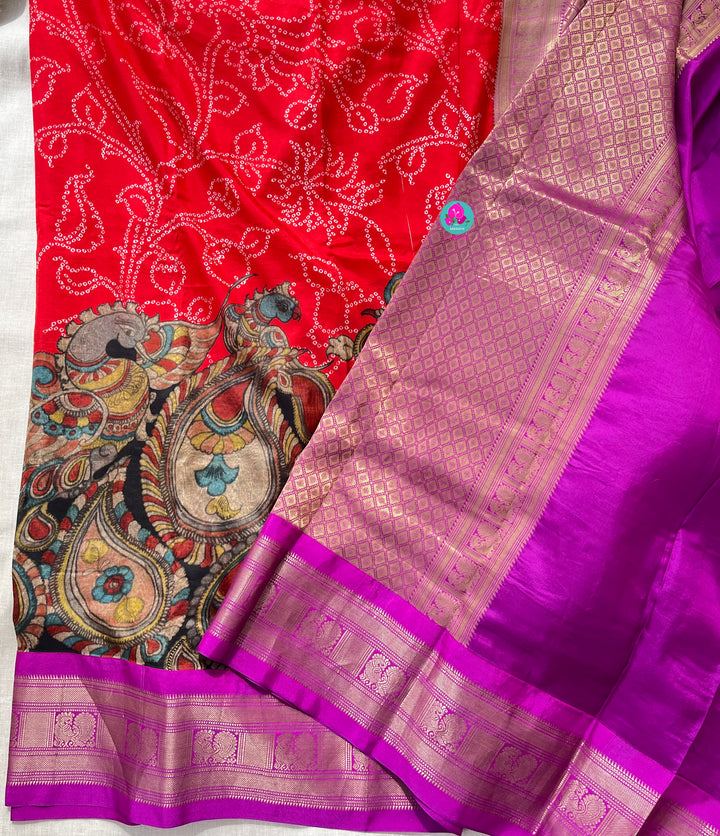 Kalamkari bandhani Red saree with Purple border