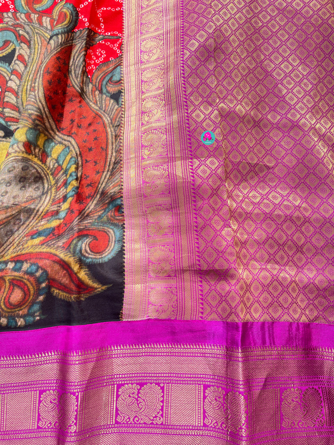 Kalamkari bandhani Red saree with Purple border
