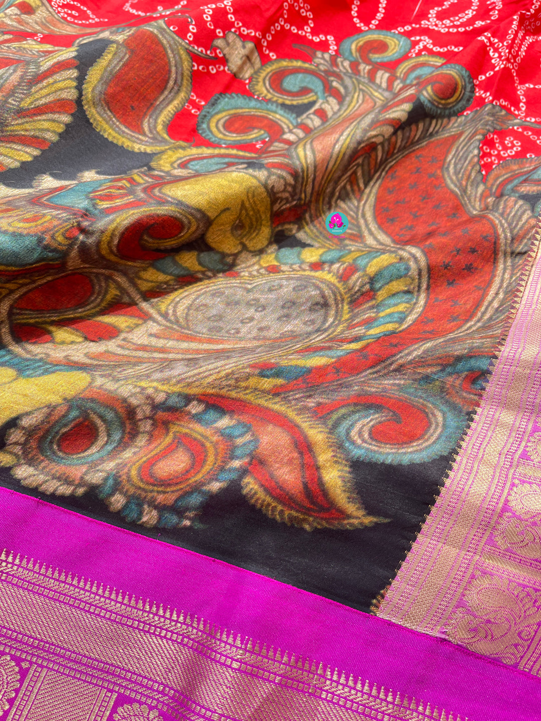 Kalamkari bandhani Red saree with Purple border