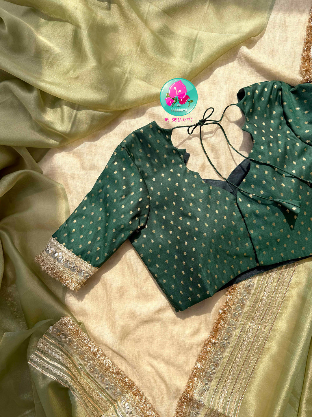 The Minted Glimmer: Light Green Gold Tissue Organza Saree with Bottle Green Brocade Artistry